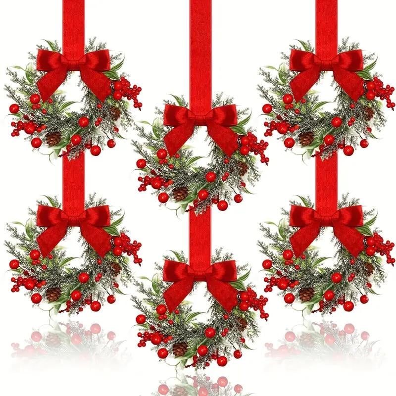 🎄Christmas Mini Window Wreaths with Ribbon Bows & Red Berries - Small Cabinet Hangers🎄
