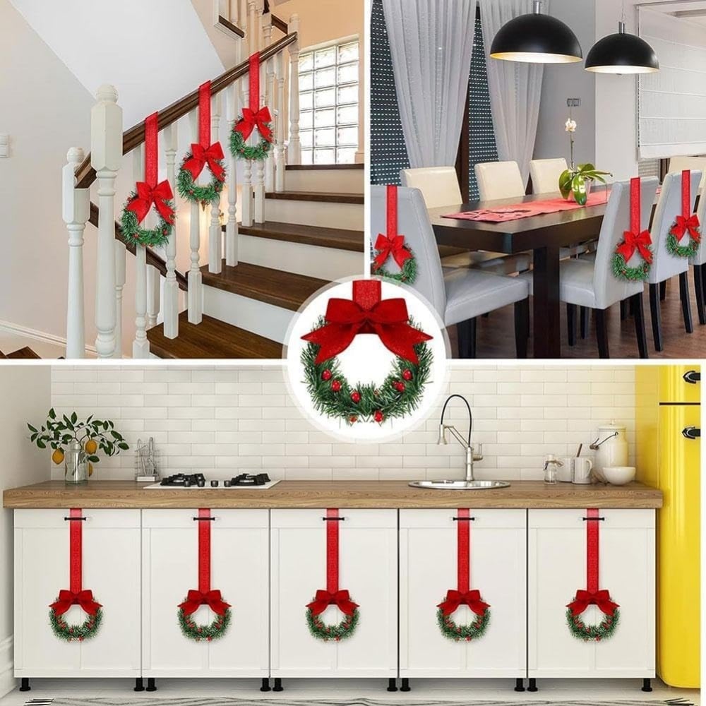 🎄Christmas Mini Window Wreaths with Ribbon Bows & Red Berries - Small Cabinet Hangers🎄