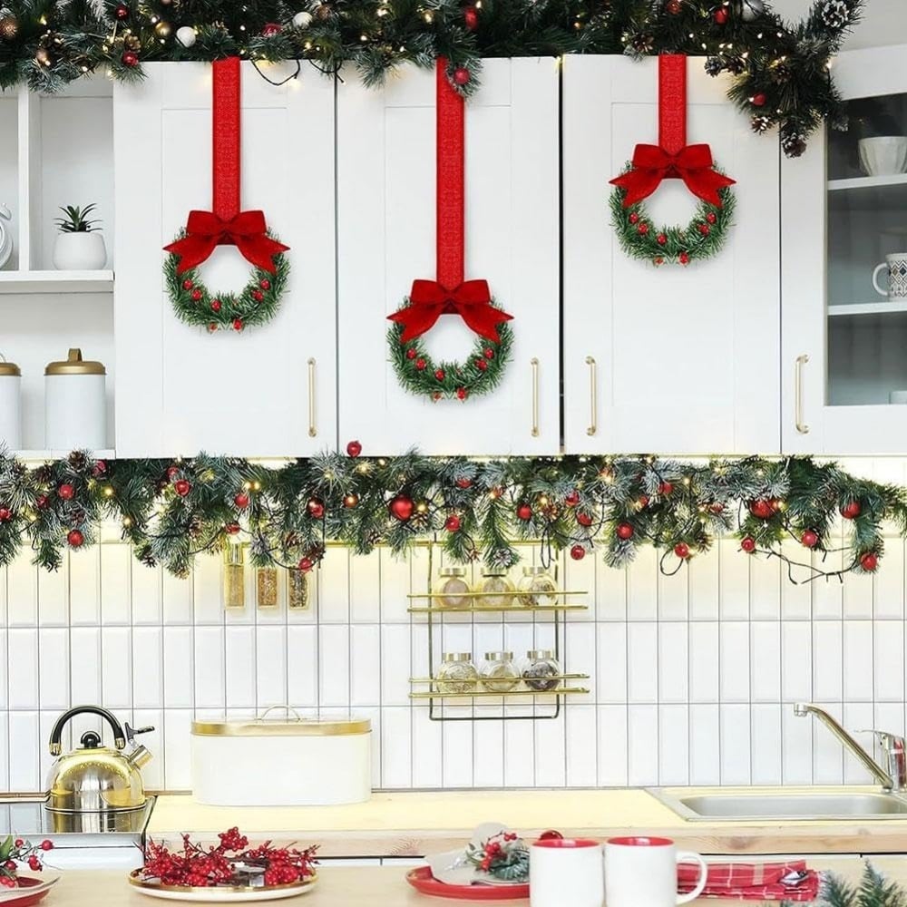 🎄Christmas Mini Window Wreaths with Ribbon Bows & Red Berries - Small Cabinet Hangers🎄