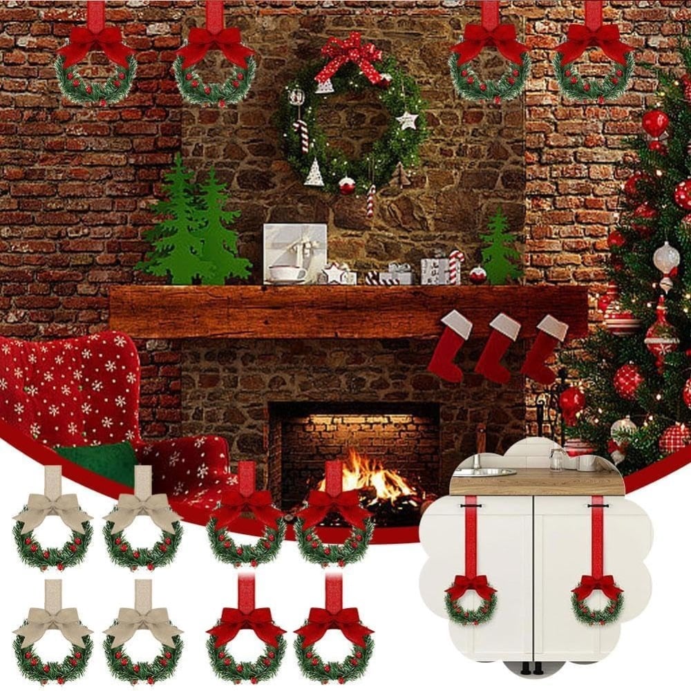 🎄Christmas Mini Window Wreaths with Ribbon Bows & Red Berries - Small Cabinet Hangers🎄